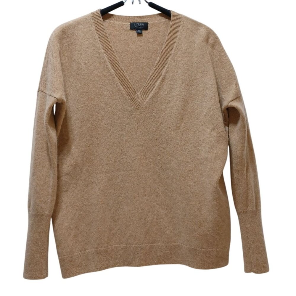 J Crew 100% Cashmere V Neck Boyfriend Sweater Women XXS Camel Tan Preppy Capsule